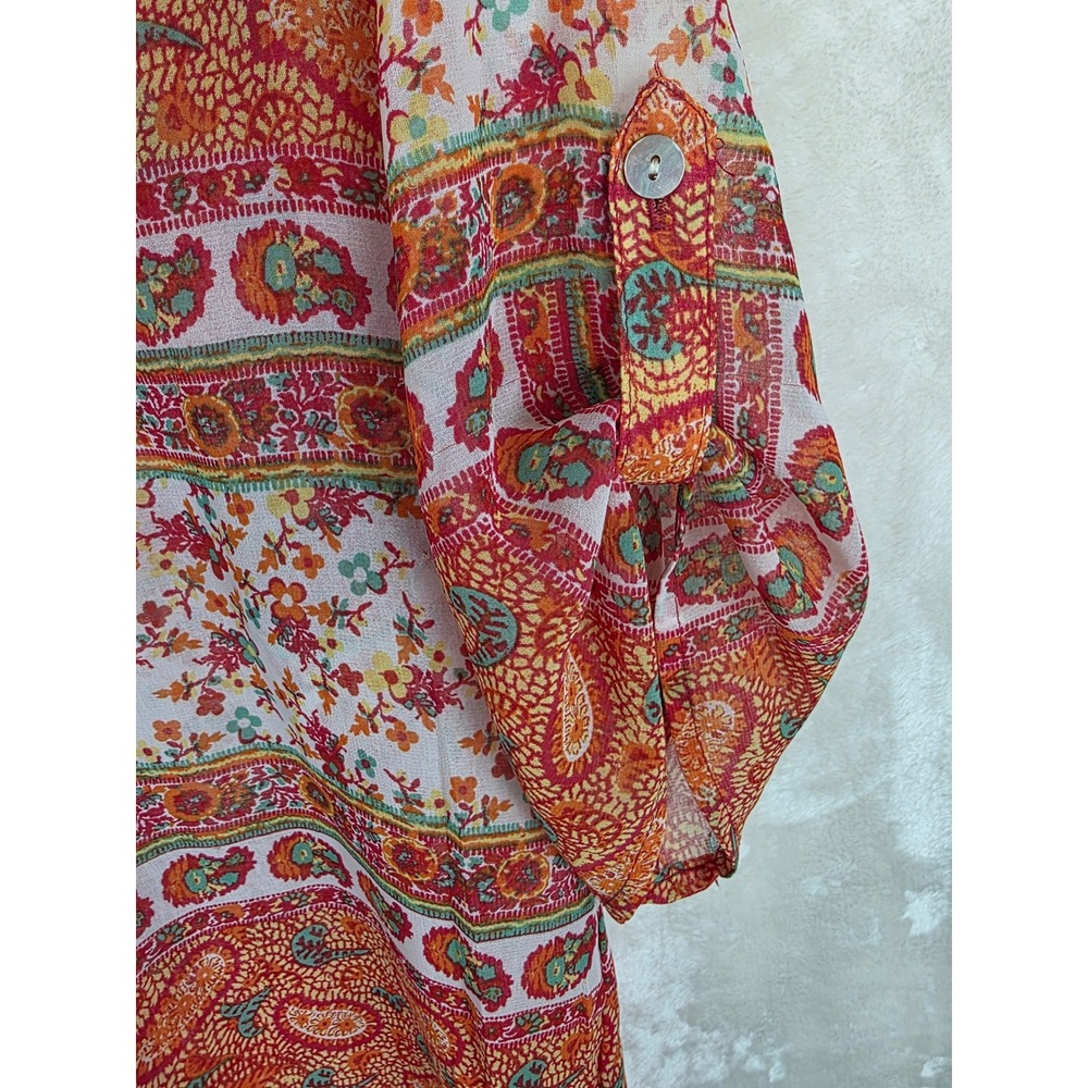 Figueroa & Flower Womens Paisley Floral V-Neck Roll Tab Sleeve‎ Blouse Orange S - Picture 6 of 7